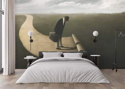 Illustration of man's surreal path, business abstract concept Wall mural