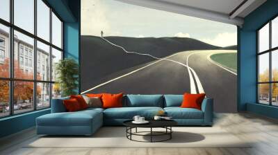 Illustration of man changing direction, surreal abstract choice concept Wall mural