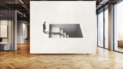 illustration of man getting downstairs, fear of the dark surreal concept Wall mural