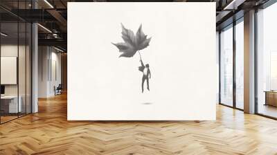 Illustration of man suspended on air with a big leaf, surreal abstract concept Wall mural