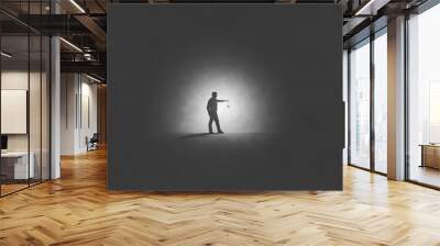 Illustration of man with lamp walking illuminating his path, surreal abstract concept Wall mural