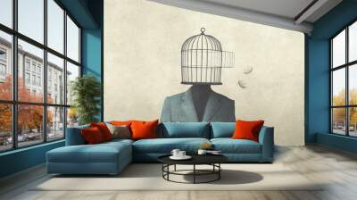 illustration of man with open birdcage over his head, surreal freedom concept Wall mural