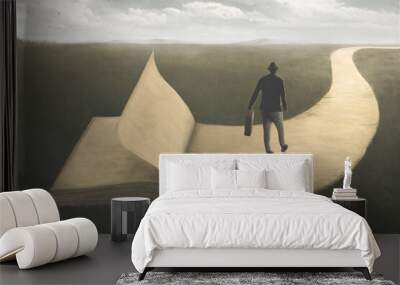 Illustration of wise man walking on the last page of a surreal book, wisdom concept Wall mural