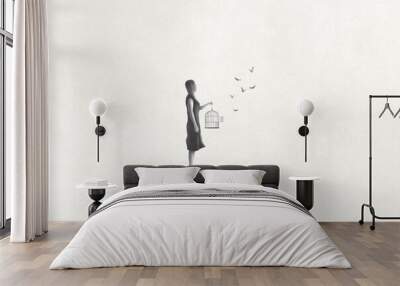 Illustration of woman setting free butterfly, freedom surreal abstract concept Wall mural