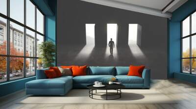 three options concept, man in front of three open doors Wall mural