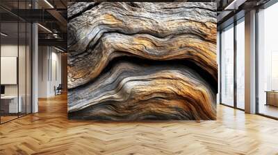 A close-up of an old wood with many visible lines and swirls, wavy resin sheets Wall mural