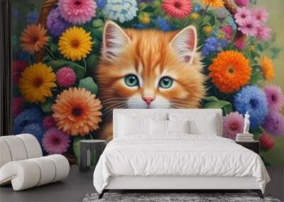 A ginger kitten in a basket with flowers  Wall mural