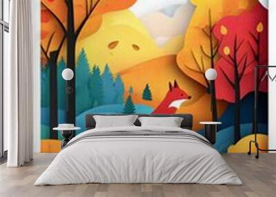 Paper cutout art, depicting a beautiful scenic landscape with an orange fox in a deep forest, and a river flowing down the hillside Wall mural