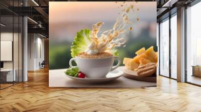 Salad Ballet: Coffee and Dessert Join the Sunset Feast in Mid-Air Wall mural