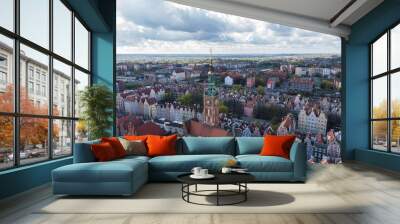 Aerial view of Gdansk, with colorful buildings of Dluga street and city hall, Poland Wall mural