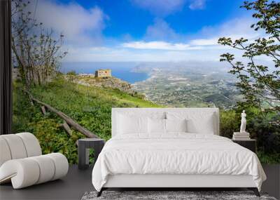 Panorama from Spanish neighborhood (Quartieri Spagnoli) at Erice with the Mediterranean Sea and San Vito Lo Capo in the background, Sicily, Italy Wall mural