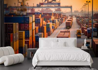 Container truck in ship port for business Logistics and transportation Wall mural