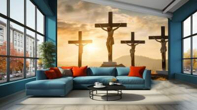 crucifixion and resurrection three crosses of golgotha by sunset easter or resurrection concept he is risen happy easter Wall mural