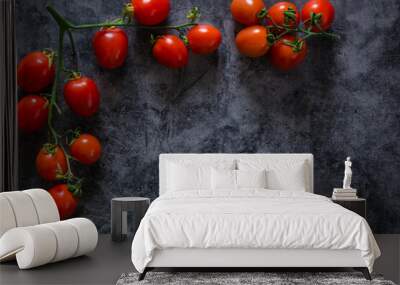 fresh tasty cherry tomatoes on dark stone background with copy space Wall mural