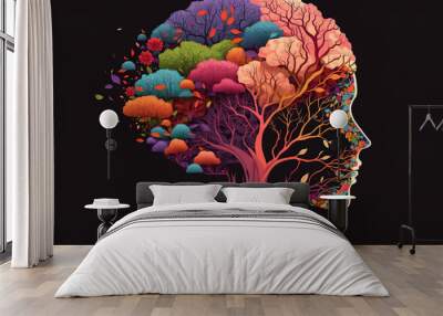 Human face tree with flowers, self care and mental health concept, positive thinking Wall mural