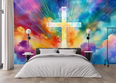 jesus cross symbol on colorful clouds background colorful clouds background with christian cross in the middle christian religion cross on spiritual background Wall mural