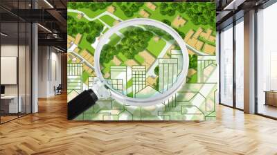 Real Estate concept with an imaginary cadastral map of territory with cityscape, buildings, roads and land parcel - Concept image seen through a magnifying glass Wall mural