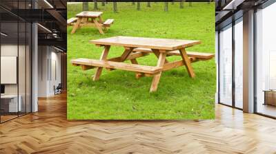 Two wooden picnic table on a green meadow with trees on background Wall mural