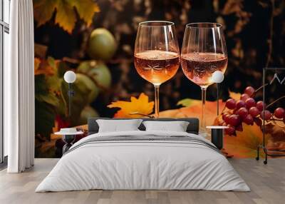 two glasses of wine set against a backdrop of colorful grape leaves Wall mural