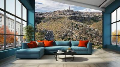 Matera village and hills landscape panorama, Basilicata, South Italy Wall mural