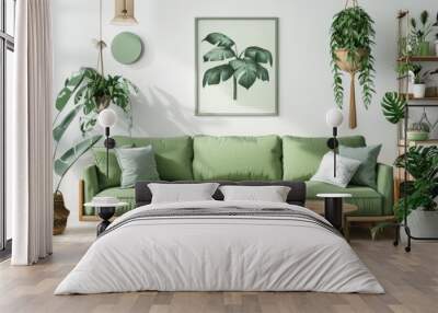 blank picture frame hanging on a white wall above a light green sofa, surrounded by several indoor plants in a cozy living room generative ai Wall mural