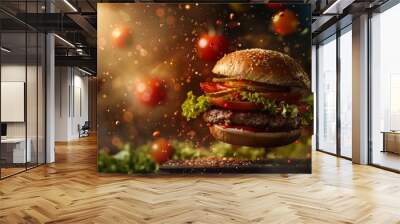 burger with vegetables around defocused background generative ai Wall mural