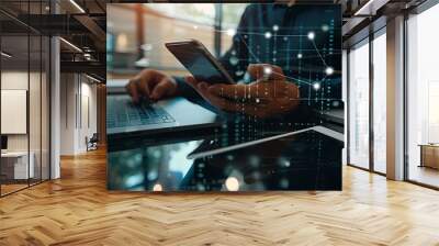 Businessman working with smartphone, tablet and laptop computer on table in office. generative ai Wall mural