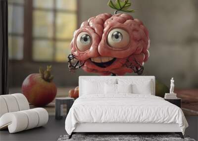 human brain with eyes and arms looking happy and energetic, eating fruits generative ai Wall mural