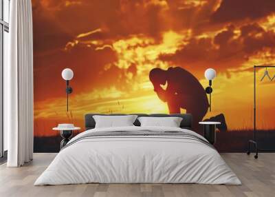 man praying in a sunrise, concept repentance and new life generative ai Wall mural