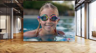 A young girl wearing goggles is smiling in a pool Wall mural