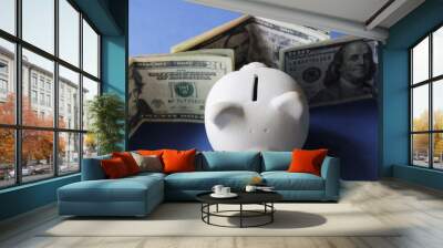 white piggy bank and american dollar banknotes of different denomination Wall mural