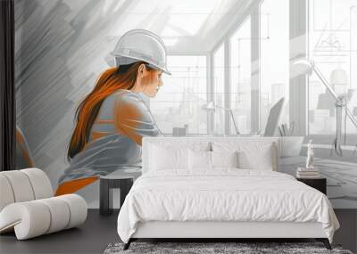 architect builder construction woman engineer in construction, woman worker in protective helmet construction works construction engineering plant Wall mural