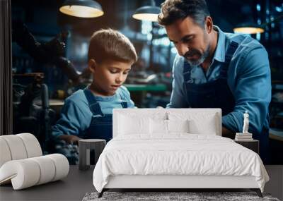 father and son working on a car piece in a garage Wall mural