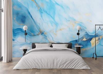 Abstract light blue marble texture with gold splashes, luxury banner, textured background Wall mural