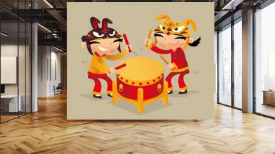 Two Chinese kids playing drum to celebrate Chinese New Year coming Wall mural