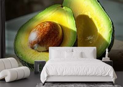 Halved avocado on a wooden board with natural lighting in a rustic kitchen Wall mural