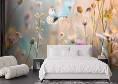 Beautiful wild flowers daisies and butterfly in morning cool haze in nature spring close-up macro. Delightful airy artistic image beauty summer nature Wall mural