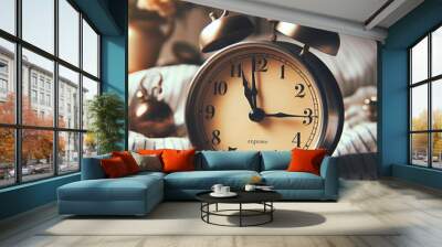 Closeup of a Vintage Metal Brass Copper Analog Travel Alarm Clock Sitting on a Bed with a Pillow and a Blanket in Early Morning Sunlight. Bedtime Sleeping or Waking Up Bell Ringing for Work Concept. Wall mural