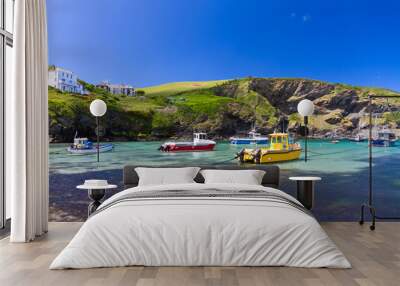 colorful fishing boats at harbour of port isaac, cornwall Wall mural