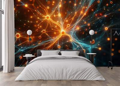 Complex Mesmerizing Orange Intricacies Glowing On Black Neural Links Network, Orange Spots & Neon Blue Webbing. Bokeh. Artificial Intelligence Brain Function Nerve Cells Neuron Activity & Connections Wall mural