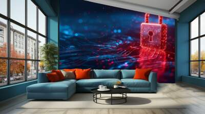 Digital red glowing padlock made of glowing atoms, for computing system on dark blue background, cyber security technology for fraud prevention and privacy data network protection concept Wall mural