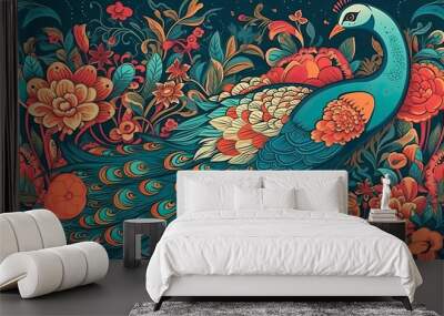 Exotic oriental pattern with peacocks and flowers in bright color background, Generative AI Wall mural