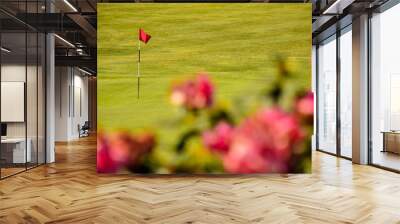 Golf green with red flag and red flowers Wall mural