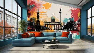 Colorful digital artwork overlay featuring the iconic Brandenburg Gate, the TV Tower (Alex) and other sights of Berlin, Germany Wall mural