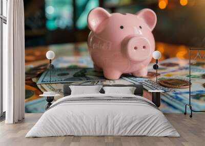 Pink piggy bank standing on dollar bills and coins representing the concept of saving money Wall mural