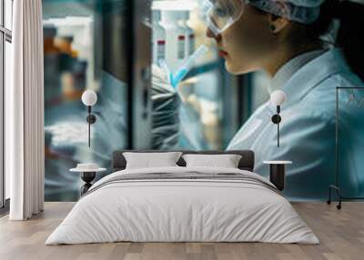 Scientist is carefully selecting samples from a refrigerated cabinet in a modern research laboratory Wall mural