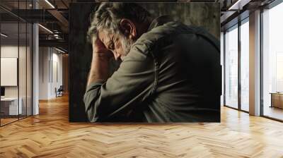 Senior man wearing a green shirt, with gray hair and a beard, sitting alone in a dark room, feeling sad and depressed Wall mural