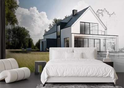 Illustration showing a modern house project becoming a real home, blending technical drawing with a real photo Wall mural