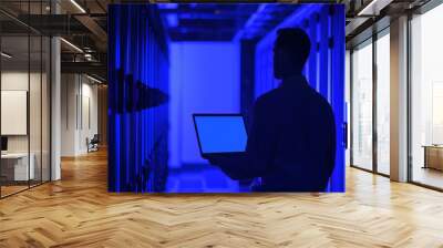 Man working on laptop in server room Wall mural