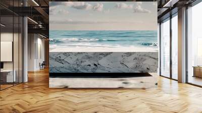 Marble podium standing empty on a sandy beach with a stunning ocean backdrop and a beautiful sunset Wall mural